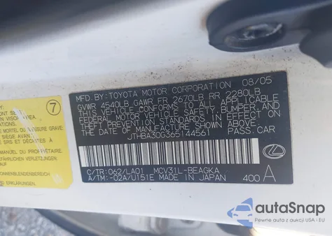 2006 Lexus Es 330 from USA, damaged, VIN JTHBA30G365144561